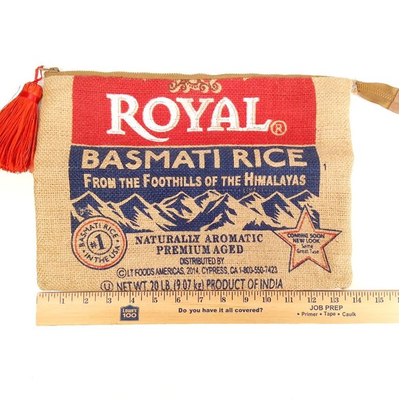 Upcycled Burlap Rice Sack Fold over Clutch Zipper Pouch Tassel Lined Hand Made - Picture 9 of 10